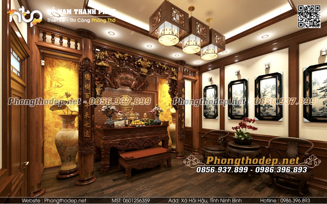 Vách phòng thờ ốp gỗ trong nhà ống hiện đại